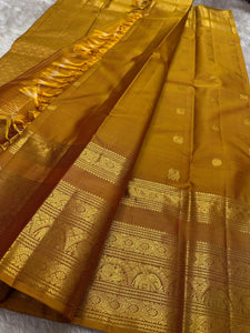 Classic Mustard Yellow 2gm Zari Kanchipuram Handloom Silk Saree SS26423