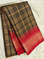 Load image into Gallery viewer, Classic Mustard Checker &amp; Deep Red Madras Multichecker Elegance Kanchipuram Handloom Silk Saree SS27372
