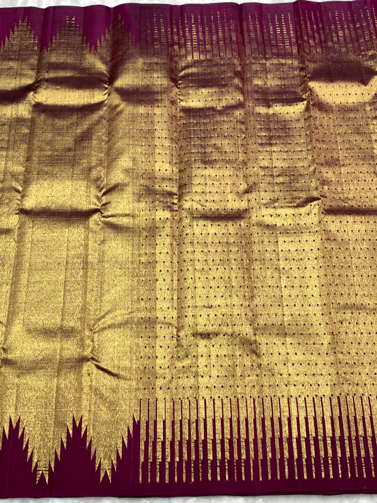 Classic Gold & Wine Red Temple 2gm Zari Kanchipuram Handloom Silk Saree SS25980