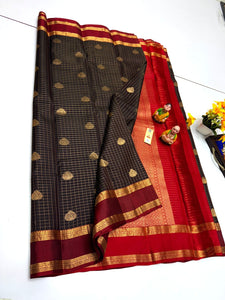 Classic Coffee Brown & Chilly Red Checks Elegance Kanchipuram Handloom Silk Saree SS24064