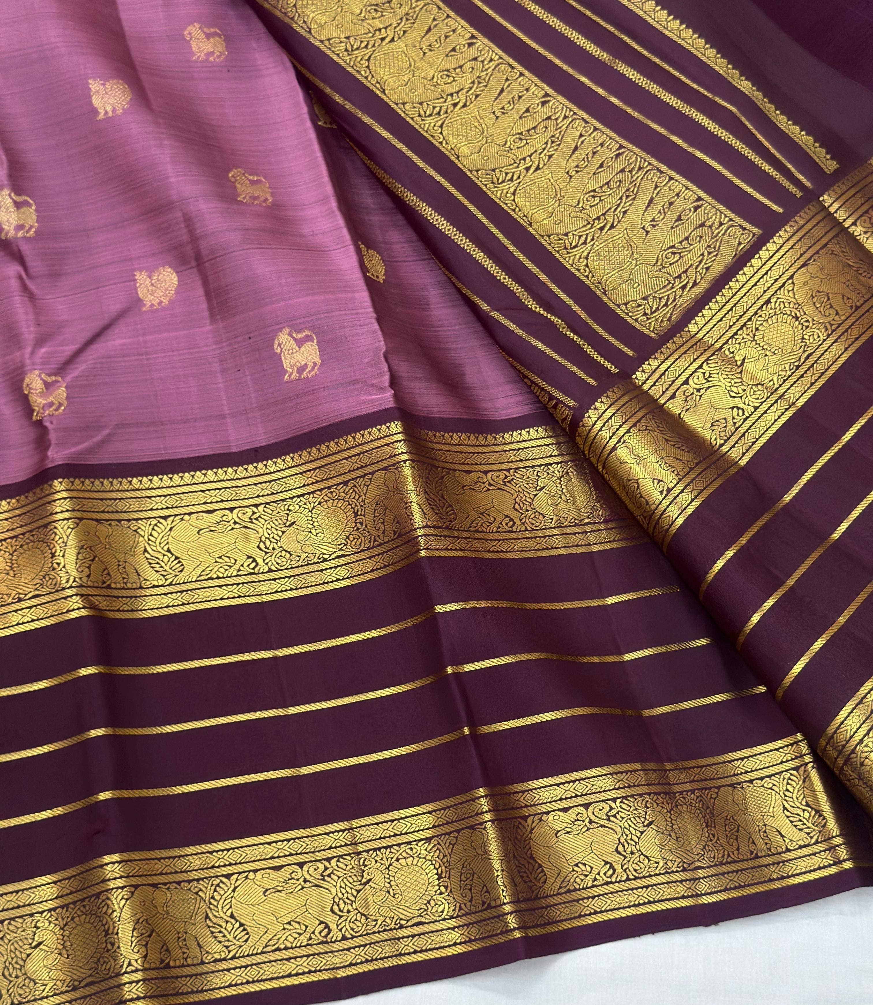 Classic Creamy Pink & Chocolate Brown 1gm Zari Elegance Kanchipuram Handloom Silk Saree SS24504