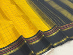 Load image into Gallery viewer, Classic Sunny Yellow &amp; Slate Black 1gm Thread Checks Zari Korvai Elegance Kanchipuram Handloom Silk Saree SS27513
