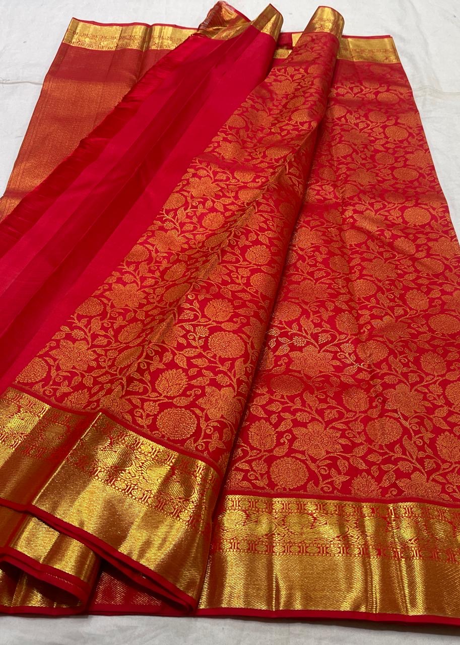 Classic Scarlet Red 2gm Zari Brocade Bridal Elegance Kanchipuram Handloom Silk Saree SS25735