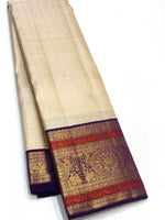 Load image into Gallery viewer, Pearl Cream &amp; Violet 2gm Zari Elegance Kanchipuram Handloom Silk Saree SS21145
