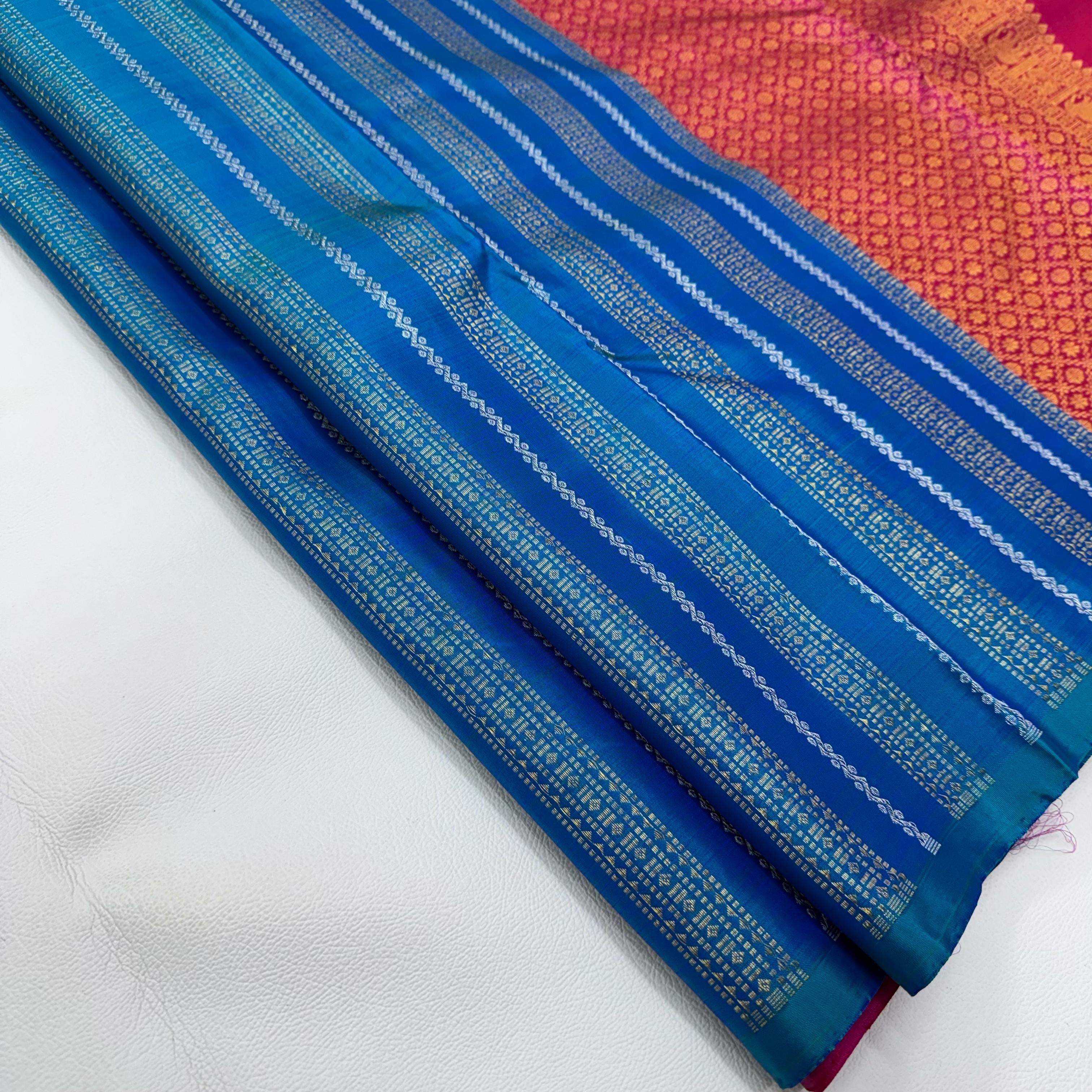 Classic Peacock Blue & Magenta 1gm Zari Elegance Kanchipuram Handloom Silk Saree SS24756