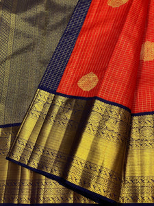 Classic Brick Orange & Navy Blue 3gm Zari Bridal Elegance Kanchipuram Handloom Silk Saree SS25172