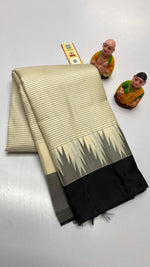 Load image into Gallery viewer, Golden Cream &amp; Charcoal Black Elegance Kanchipuram Handloom Silk Saree SS20511
