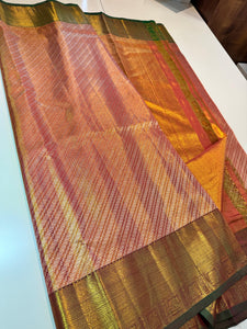 Classic Peach & Green Elegance Kanchipuram Tissue Handloom Silk Saree SS24514