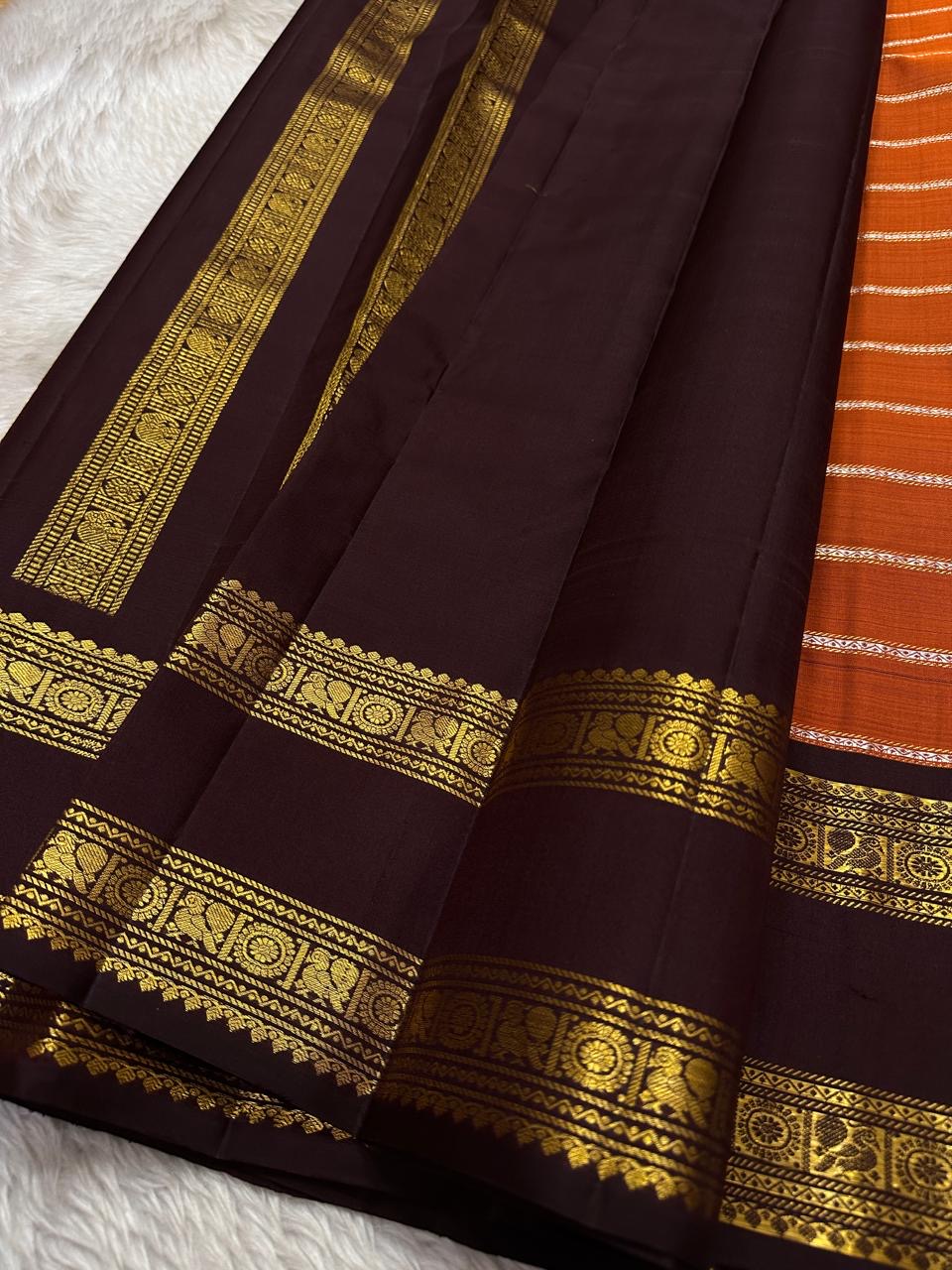 Classic Dark Orange Mustard & Dark Chocolate Kanchipuram Handloom Silk Saree SS26093