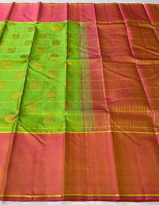 Classic Spring Green & Peachy Rose Elegance Kanchipuram Handloom Silk Saree SS24526