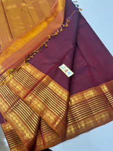 Classic Plum & Mustard Orange 2gm Zari Kanchipuram Handloom Silk Saree SS26454