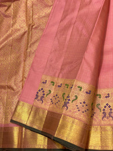 Classic Peach 2gm Zari Paithani Vaira Oosi Checks Kanchipuram Handloom Silk Saree SS26508