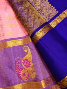 Classic Baby Pink & Royal Blue Elegance Kanchipuram Handloom Silk Saree SS25495