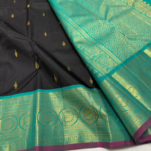 Classic Charcoal Black & Turquoise Green 2gm Zari Kanchipuram Handloom Silk Saree SS25636