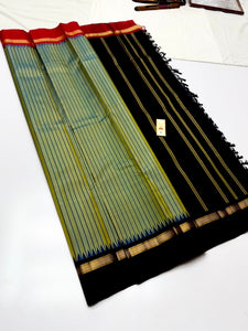 Classic Tea Green & Red Black Elegance Kanchipuram Handloom Silk Saree SS25395