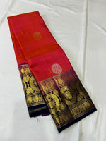 Load image into Gallery viewer, Classic Dual Red &amp; Pink Navy Blue 2gm Zari Peacock &amp; Rudraksha Designed Elegance Kanchipuram Handloom Silk Saree SS25384
