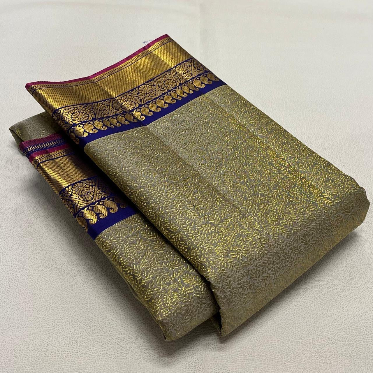 Classic Antique Sand Beige & Royal Blue 1gm Zari Bridal Elegance Kanchipuram Handloom Silk Saree SS23793