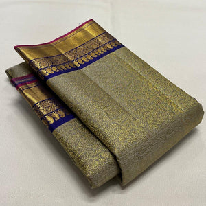 Classic Antique Sand Beige & Royal Blue 1gm Zari Bridal Elegance Kanchipuram Handloom Silk Saree SS23793