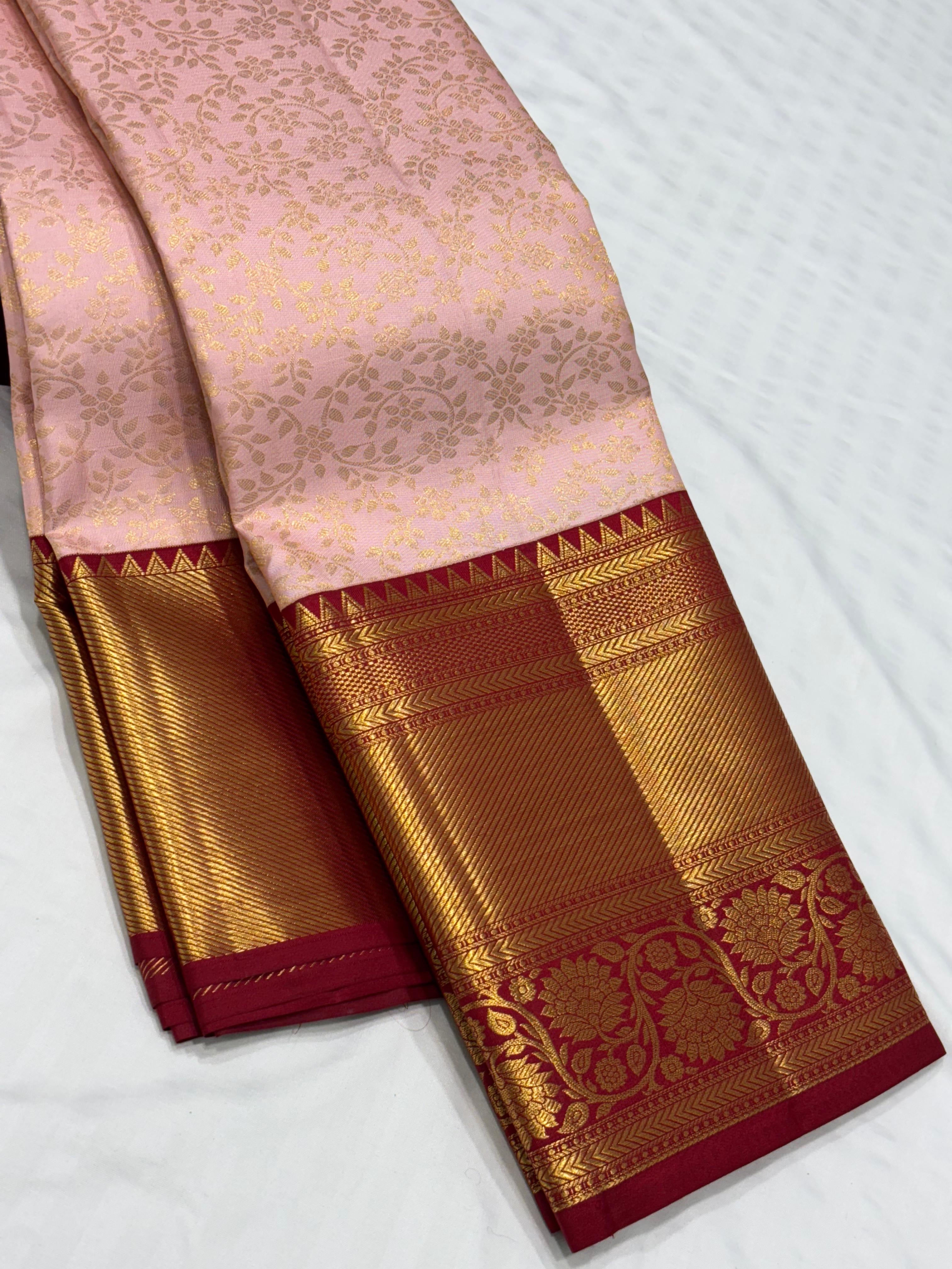 Classic Pastel Rose & Red Bridal Elegance Kanchipuram Tissue Handloom Silk Saree SS24183