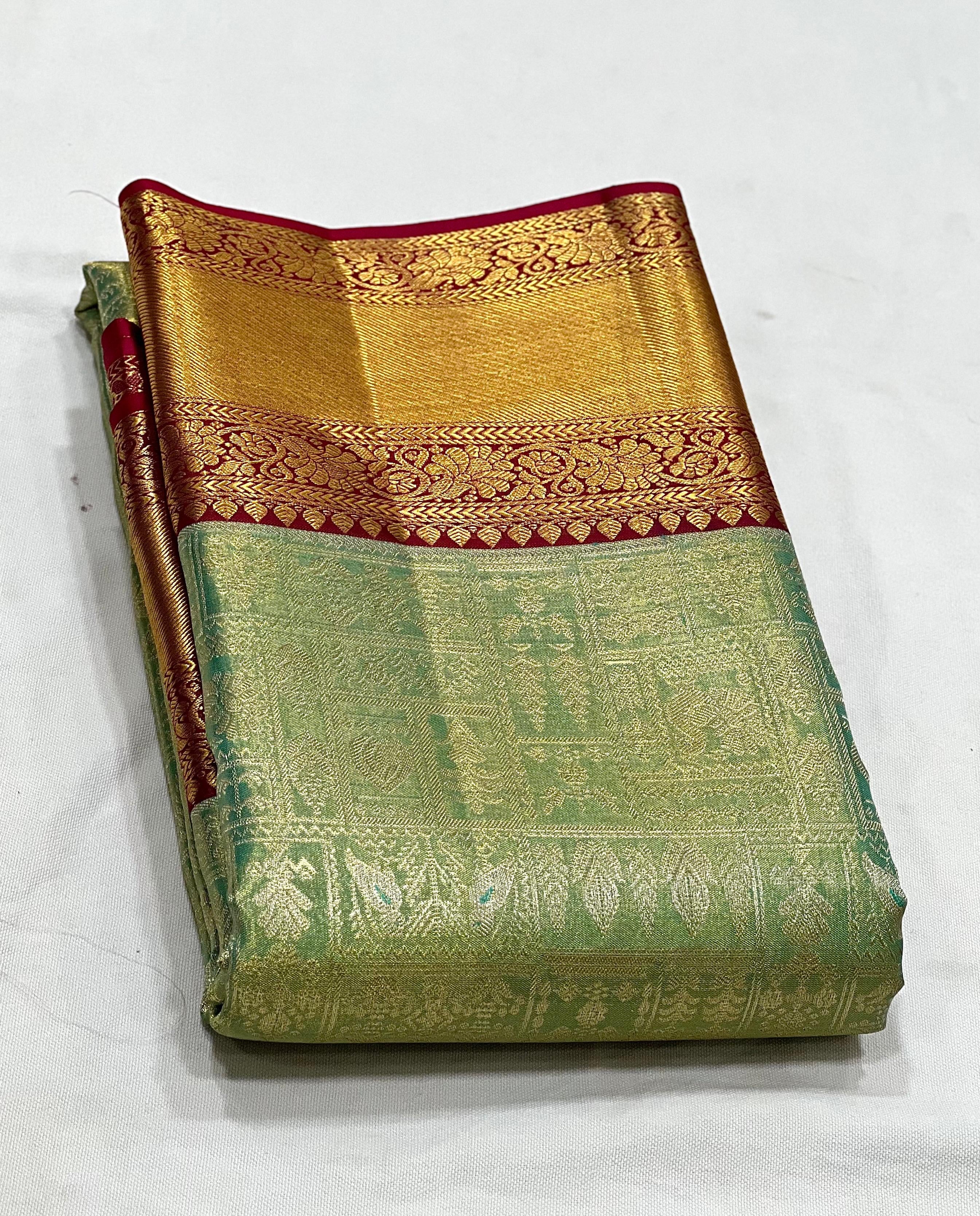 Classic Pista Green & Ruby Red 1gm Zari Bridal Elegance Kanchipuram Handloom Silk Saree SS24111