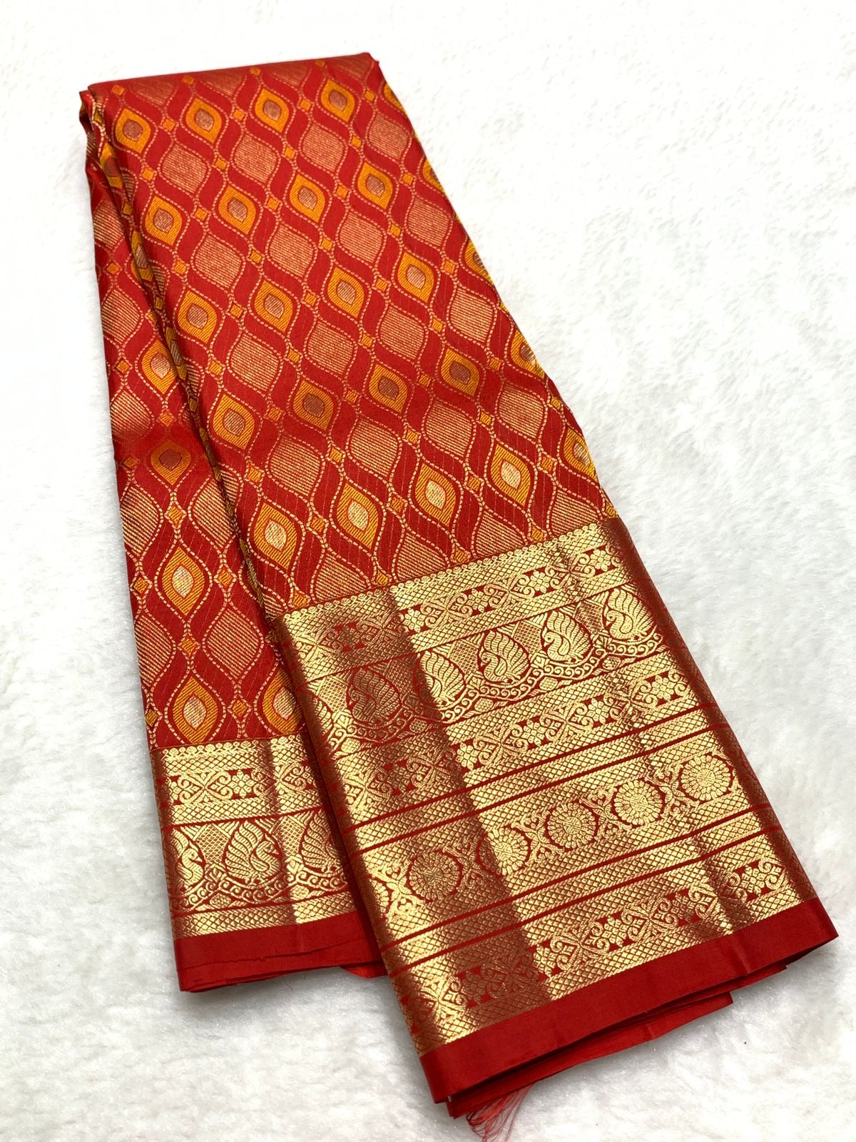 Classic Brick Orange Red 2gm Zari Bridal Elegance Kanchipuram Handloom Silk Saree SS22874