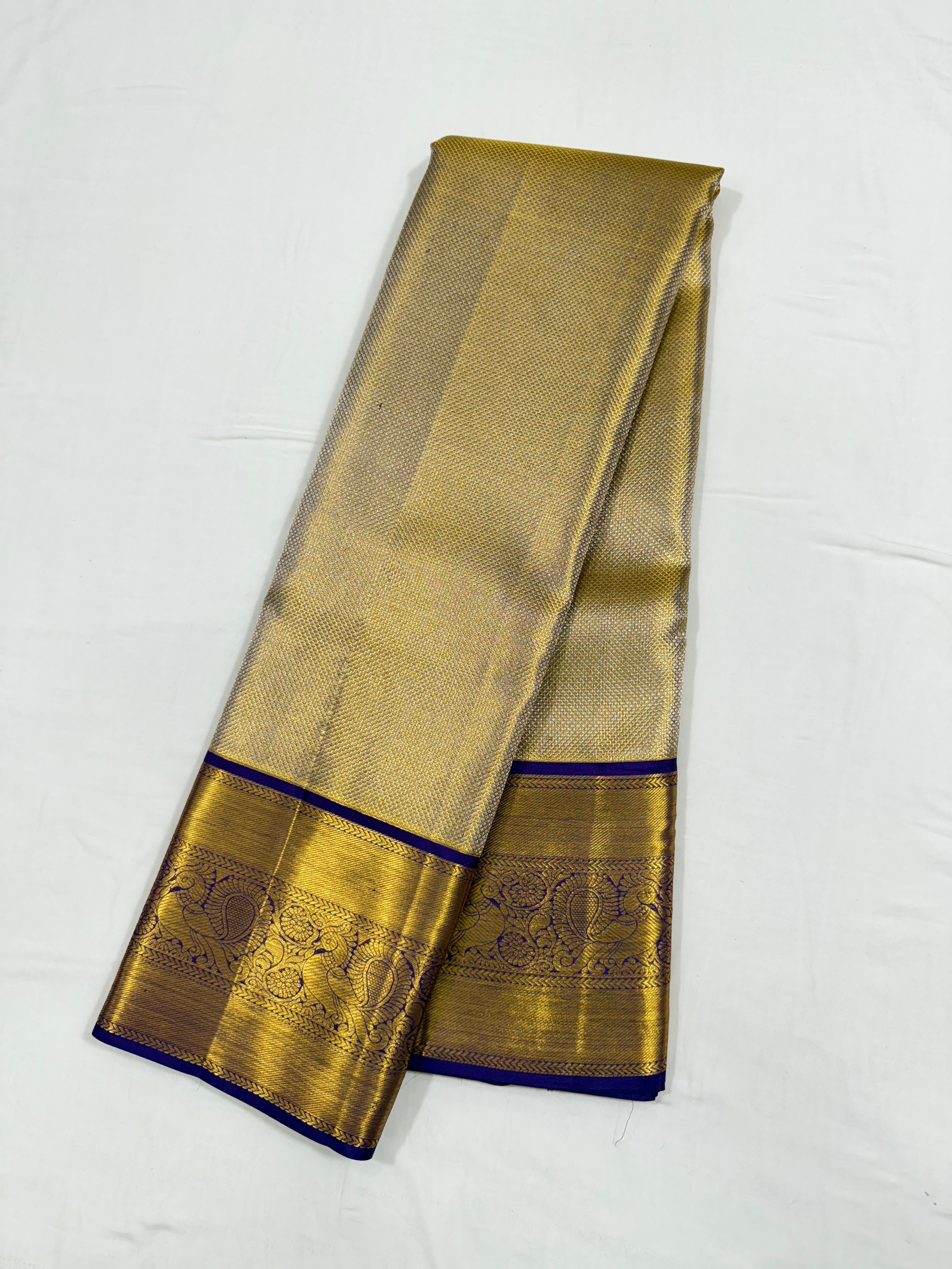 Classic Gold & Navy Blue 2gm Zari Tissue Elegance Kanchipuram Handloom Silk Saree SS24255