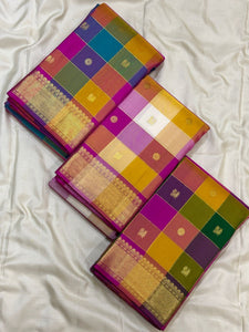 Classic Cream & Yellow Wine Red Butta Kanchipuram Handloom Silk Saree SS26032