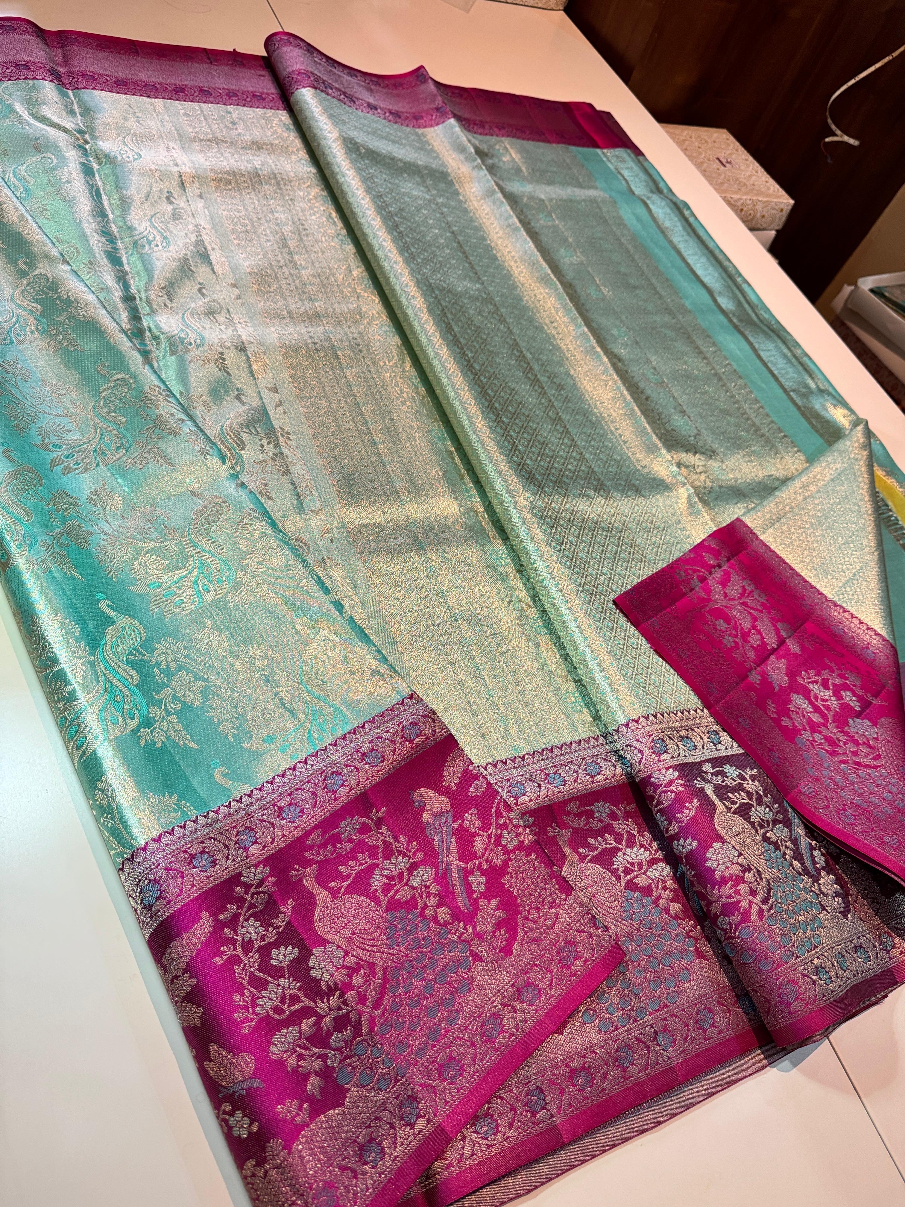 Classic Aqua & Deep Pink Meenakari Bricade Bridal Elegance Kanchipuram Handloom Silk Saree SS25333