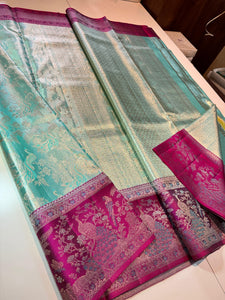 Classic Aqua & Deep Pink Meenakari Bricade Bridal Elegance Kanchipuram Handloom Silk Saree SS25333