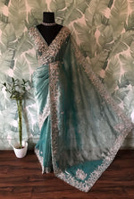 Load image into Gallery viewer, Classic Tinted Blue Handwork Elegance Crushed Tissue Silk Saree SS25698
