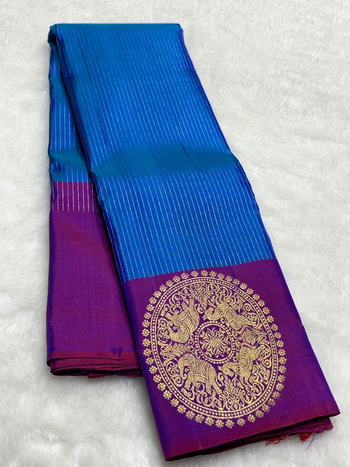 Classic Azure Blue & Purple 2gm Zari Kanchipuram Handloom Silk Saree SS25816