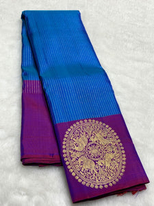 Classic Azure Blue & Purple 2gm Zari Kanchipuram Handloom Silk Saree SS25816