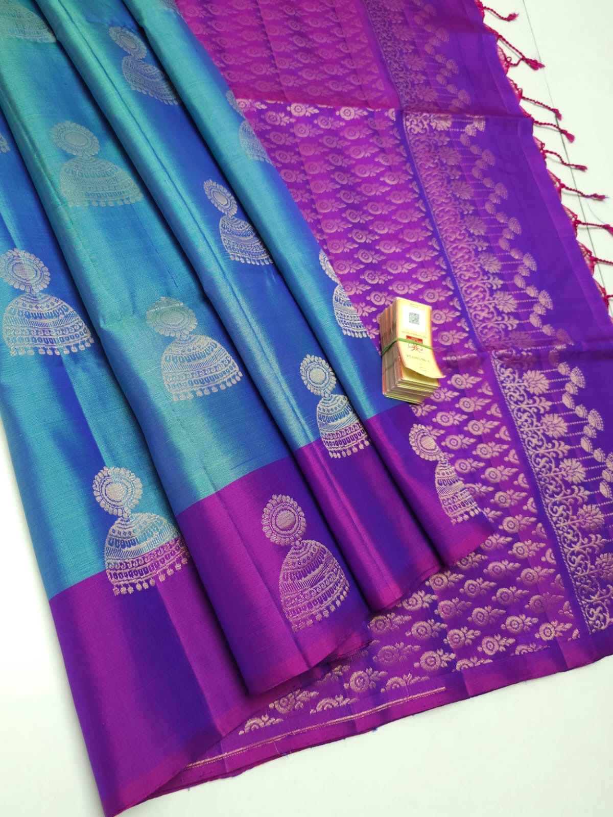 Classic Azure Blue & Purple Jhumka Design Elegance Handloom Soft Silk Saree SS22215