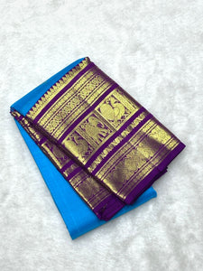 Classic Azure Blue & Jam Plum 2gm Zari Bridal Elegance Kanchipuram Handloom Silk Saree SS22871