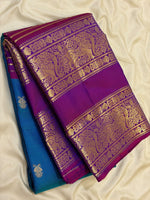 Load image into Gallery viewer, Classic Peacock Blue &amp; Vadamalli 2gm Zari Elegance Kanchipuram Handloom Silk Saree SS28290
