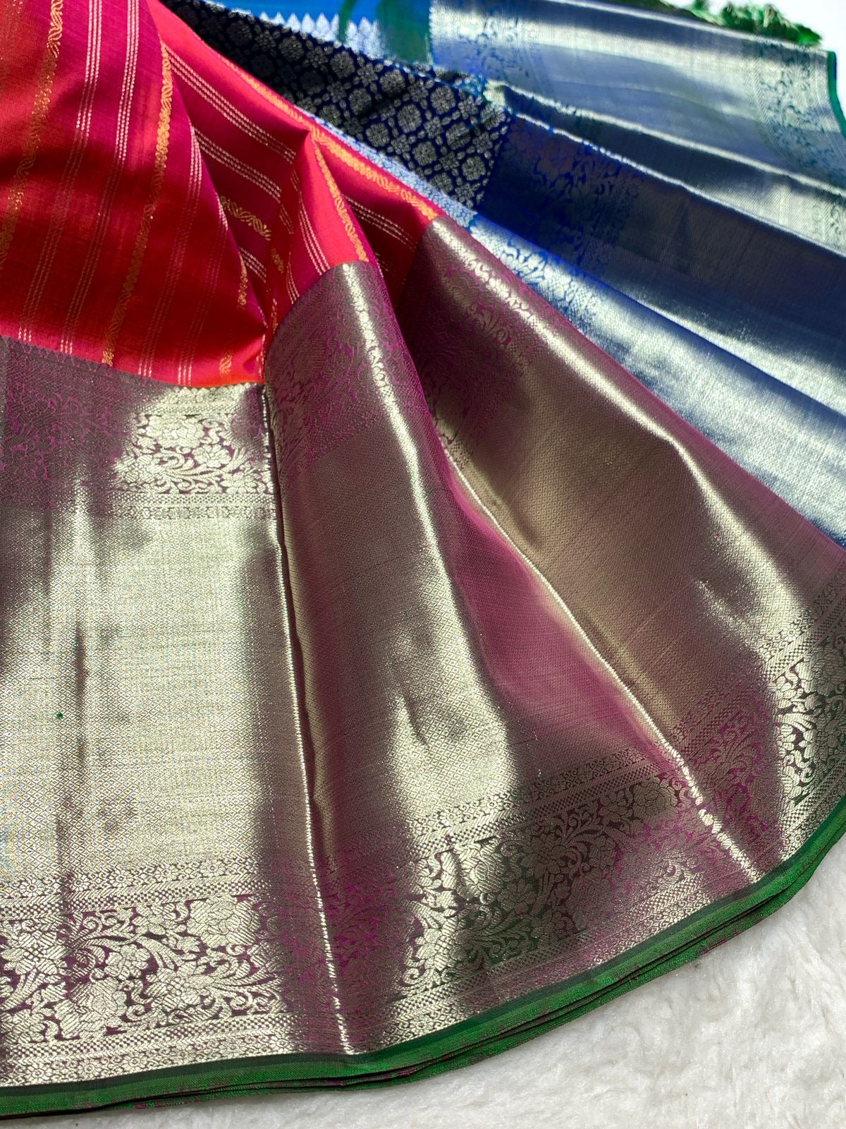 Classic Dark Pink & Peacock Blue 2gm Zari Elegance Kanchipuram Handloom Silk Saree SS24616