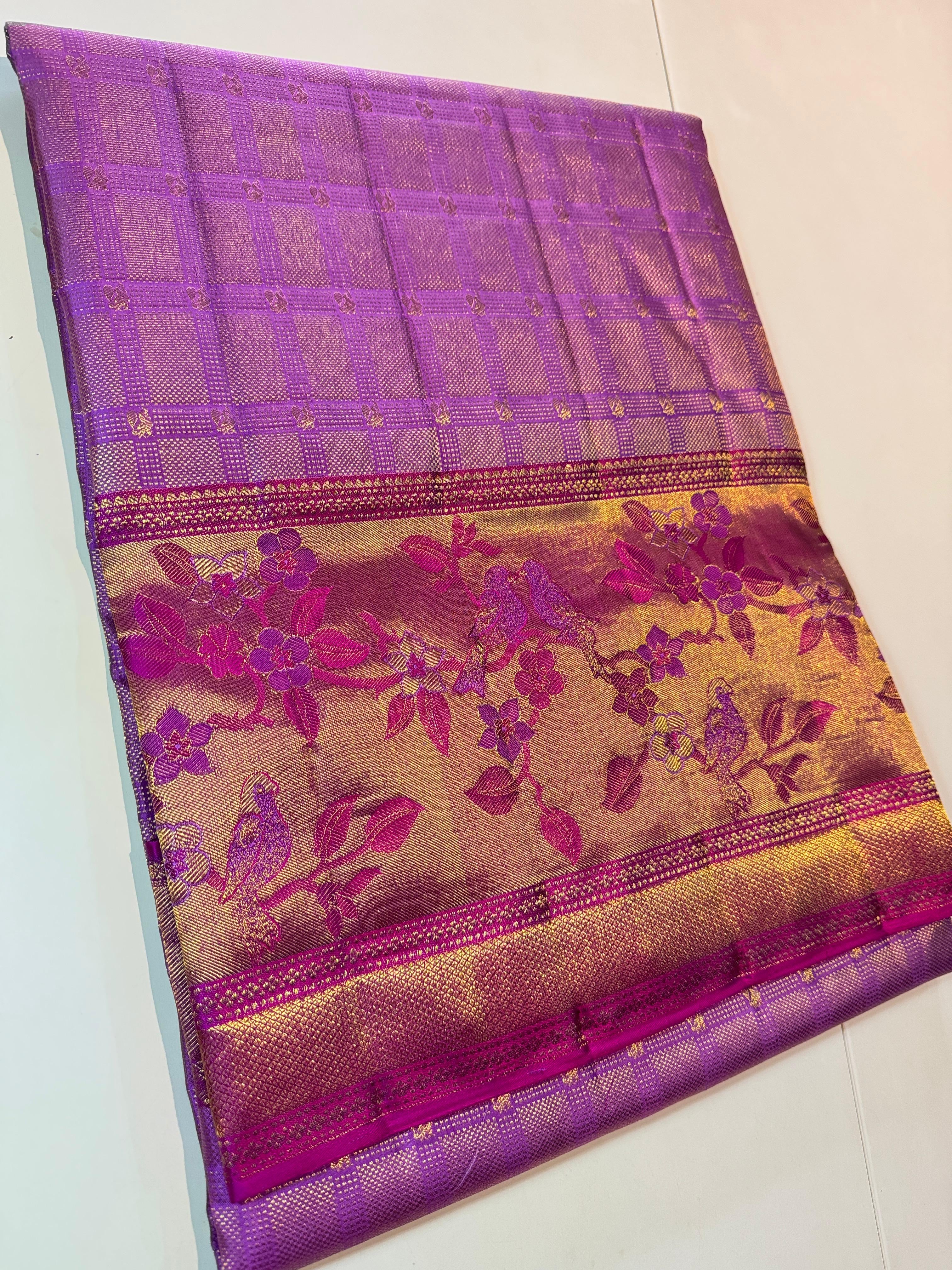 Classic Lavender & Berry Pink 2gm Zari Meenakari Resham Warp Kanchipuram Handloom Silk Saree SS25953