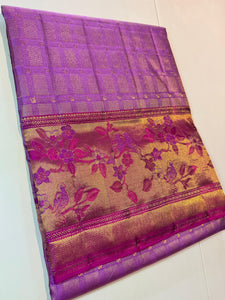 Classic Lavender & Berry Pink 2gm Zari Meenakari Resham Warp Kanchipuram Handloom Silk Saree SS25953