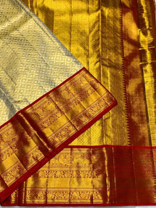 Classic Golden Cream & Red 2gm Zari Bridal Elegance Kanchipuram Handloom Silk Saree SS25281