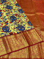 Load image into Gallery viewer, Classic Neon Yellow &amp; Chilly Red Kalamkari Digital Print Bridal Elegance Kanchipuram Handloom Silk Saree SS23911
