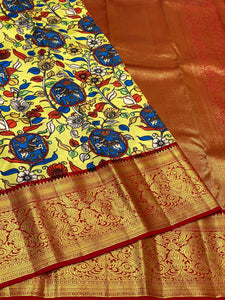 Classic Neon Yellow & Chilly Red Kalamkari Digital Print Bridal Elegance Kanchipuram Handloom Silk Saree SS23911