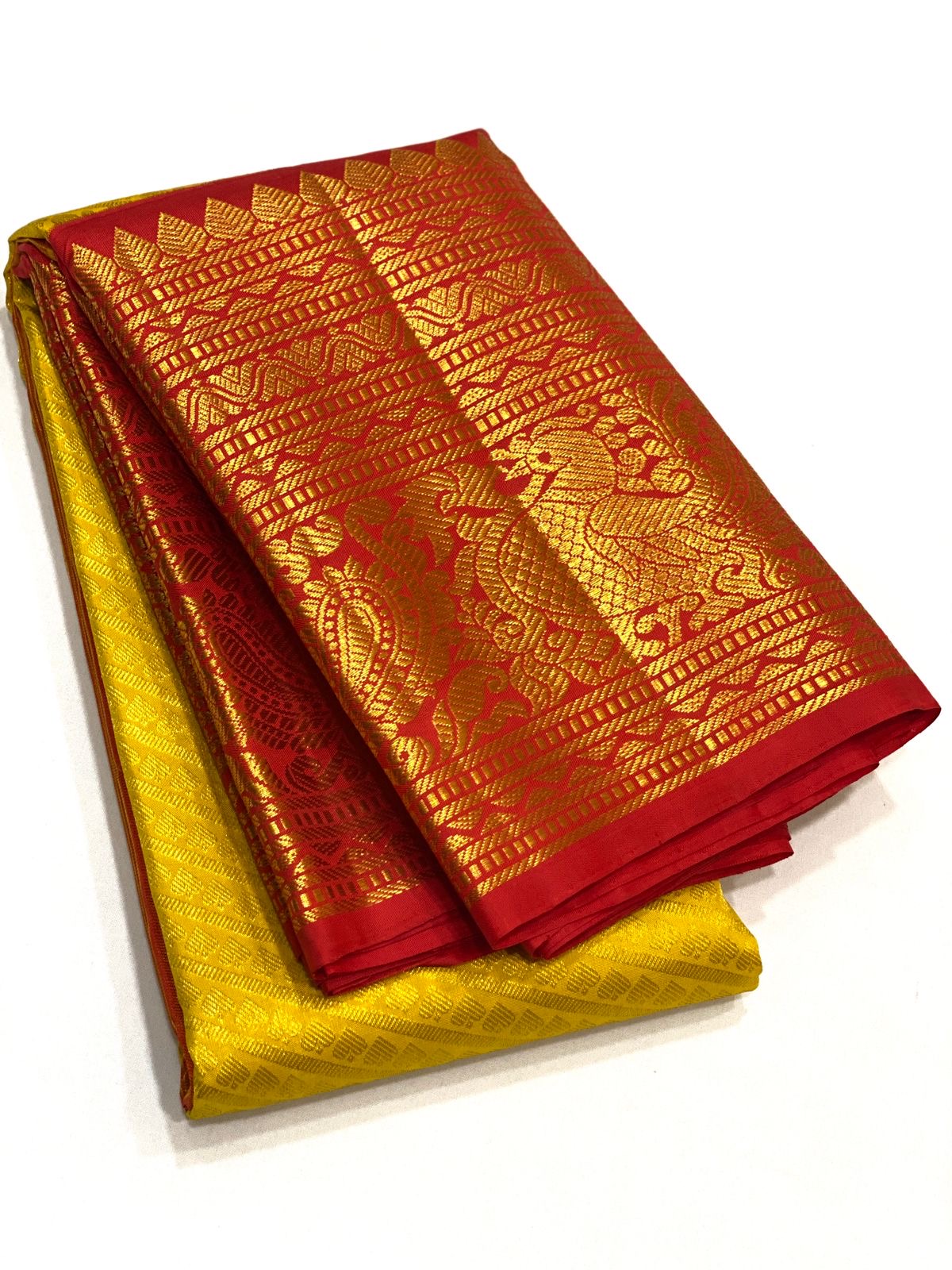 Classic Golden Yellow & Brick Red 3gm Zari Elegance Kanjivaram Handloom Silk Saree SS23411