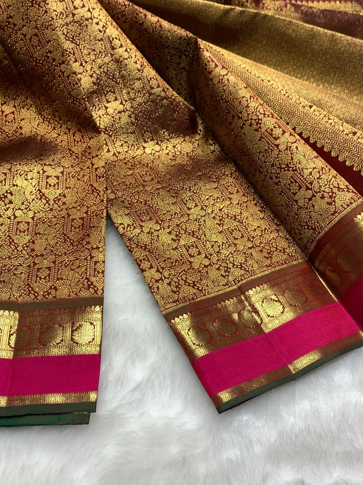 Classic Coffee Brown & Deep Pink 2gm Zari Bridal Elegance Kanchipuram Handloom Silk Saree SS25269