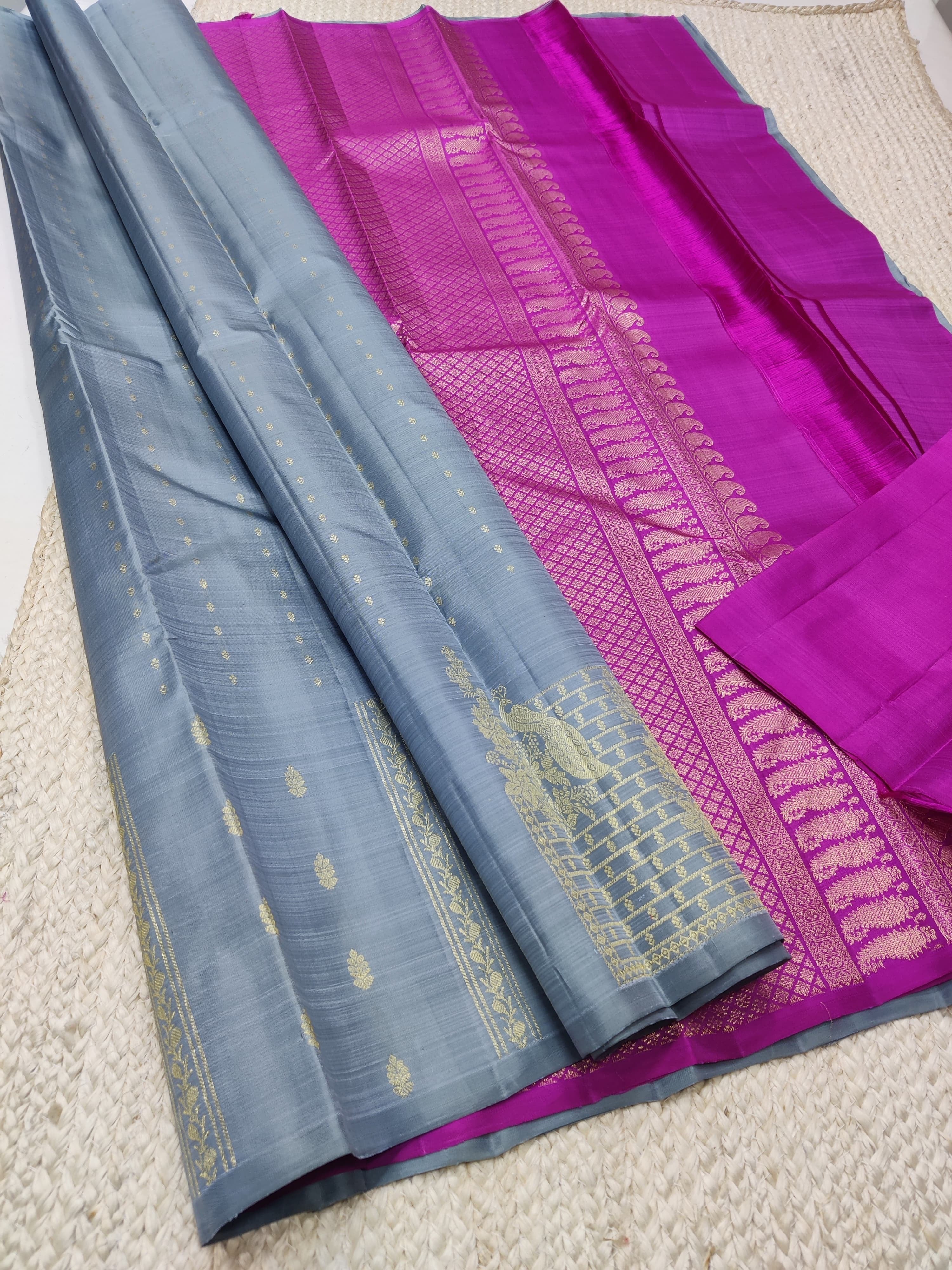 Classic Grey & Pink 2gm Zari Elegance Kanchipuram Handloom Silk Saree SS25295
