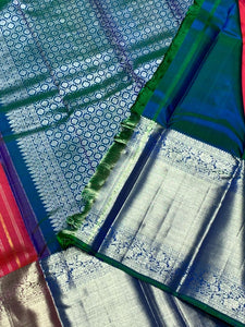 Classic Dark Pink & Peacock Blue 2gm Zari Elegance Kanchipuram Handloom Silk Saree SS24616