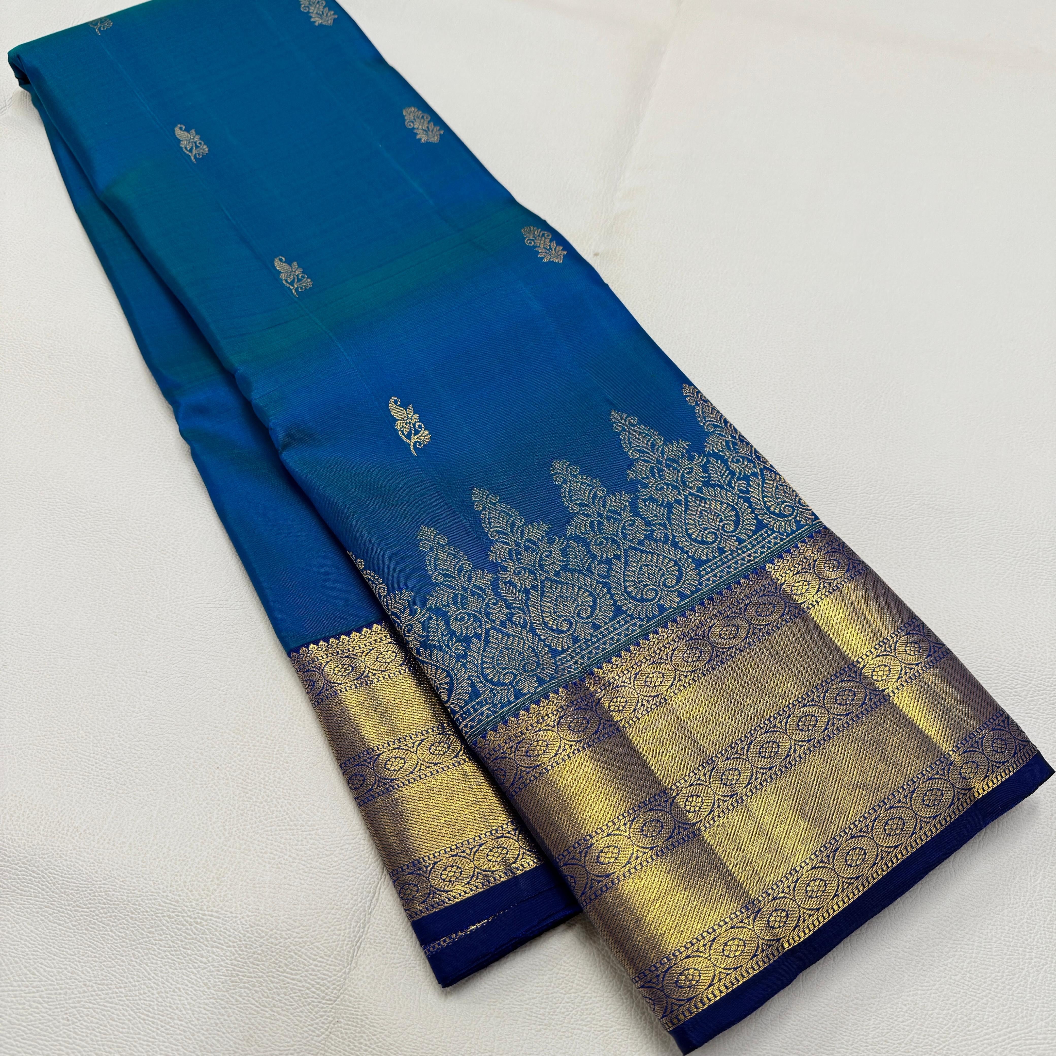 Classic Azure Blue & Robin Blue 2gm Zari Bridal Elegance Kanchipuram Handloom Silk Saree SS26267
