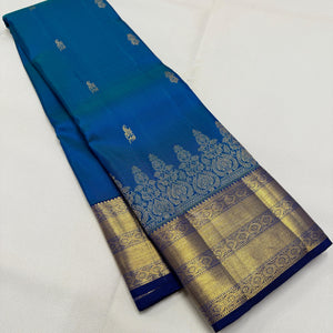Classic Azure Blue & Robin Blue 2gm Zari Bridal Elegance Kanchipuram Handloom Silk Saree SS26267