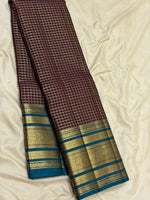 Load image into Gallery viewer, Classic Plum &amp; Teal Blue Beldari Vintage Oosi Checks 2gm Zari Elegance Kanchipuram Handloom Silk Saree SS27205
