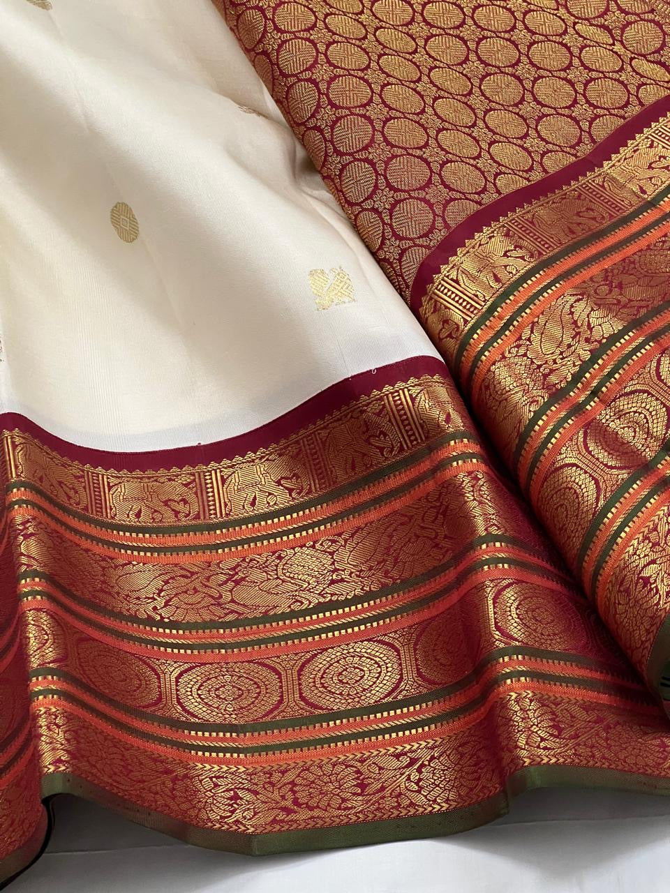 Classic Butter Cream & Barn Red 2gm Zari Bridal Elegance Kanchipuram Handloom Silk Saree SS25460