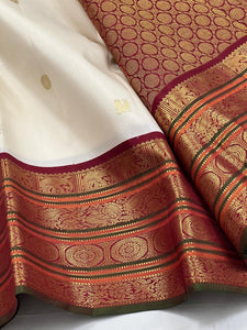 Classic Butter Cream & Barn Red 2gm Zari Bridal Elegance Kanchipuram Handloom Silk Saree SS25460